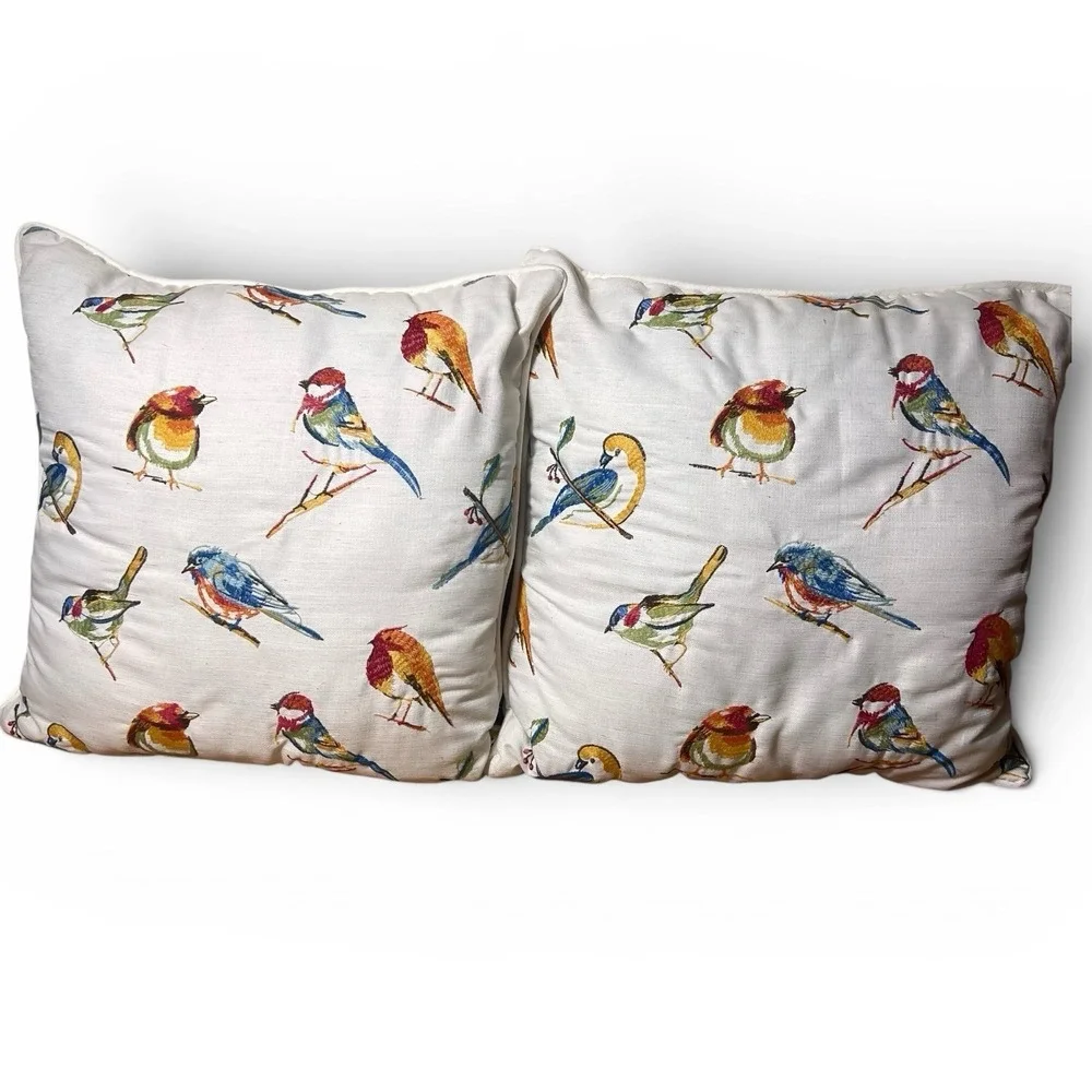 Set of 2 Colorful Bird Print Throw Pillows 18x18 Cottagecore Farmhouse Decor